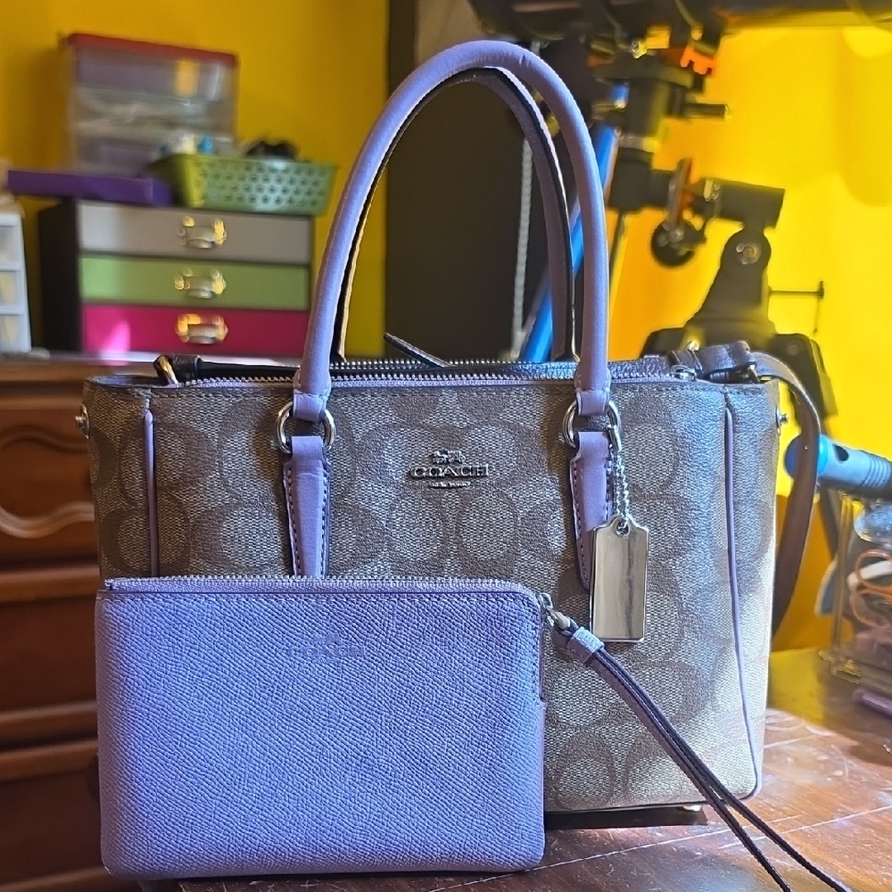 Coach Brown Signature Satchel with Lilac Leather Accents and Wristlet